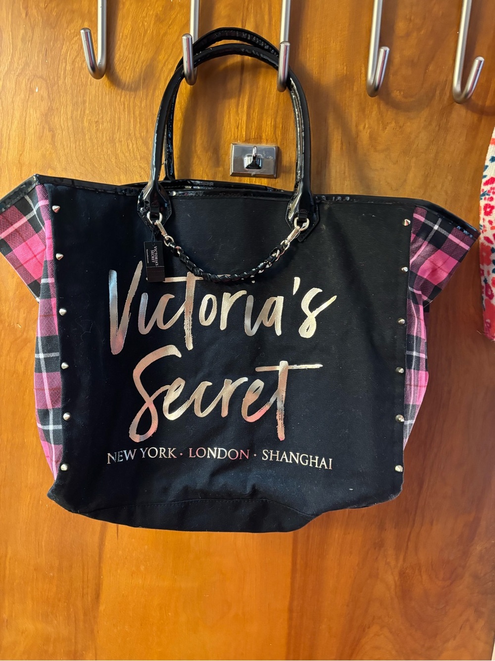 Victoria's Secret Black Tote with Pink Plaid Accents